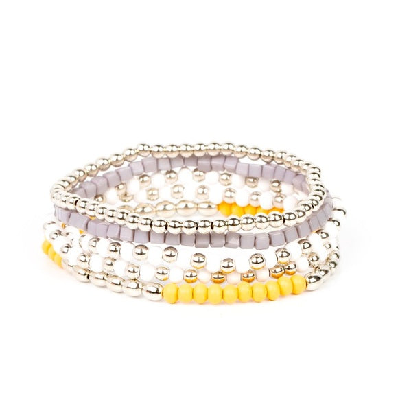 ADVENTURE IS CALLING -
SILVER GRAY YELLOW AND
WHITE BEAD BRACELET
STACK